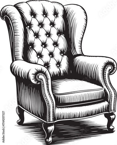 Detailed Engraving Style Illustration of a Tufted Wingback Armchair Keywords: armchair, wingback chair, tufted, upholstery, furniture, vintage