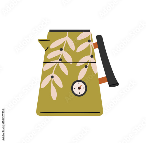 Green electric kettle with temperature sensor to boil water. Modern tea pot for preparing hot beverages. Teapot for brewing coffee, cooking herbal drinks. Flat isolated vector illustration on white