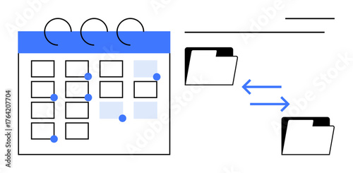 Calendar grid marked with events, two file folders connected by arrows indicating data exchange. Ideal for scheduling, organization, collaboration, productivity, planning, file sharing, teamwork