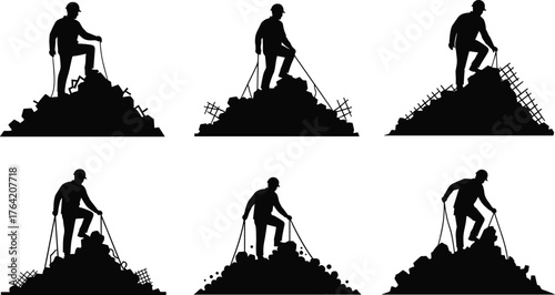 Construction worker silhouette standing on rubble pile, debris cleanup, demolition site, rebuilding, construction safety, industrial labor, disaster recovery, hard work