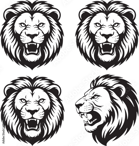 Four black and white illustrations of lion heads with open mouths Keywords: lion, animal, king, wild, nature, predator, roar, fierce, aggressive