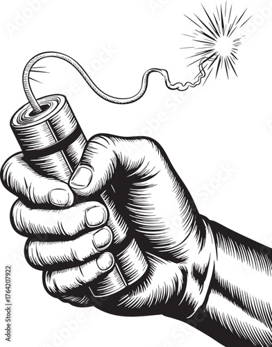 Hand Holding A Lit Dynamite Stick With Fuse Sparking bomb explosive