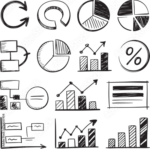Hand-drawn black and white icons representing business charts flowcharts and graphs Keywords: business, finance, charts, graphs, flowchart, diagram