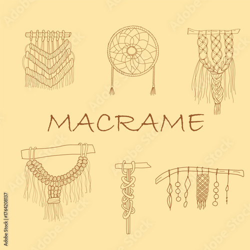 Minimalist line art of boho macrame wall hangings, handmade knots and natural rope decorations, isolated on a white background, vector illustration in modern boho style.