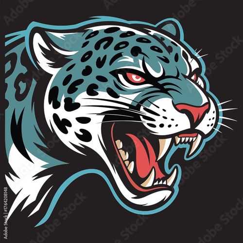 Jaguar head roaring with sharp teeth and intense red eyes, stylized illustration animal wildlife