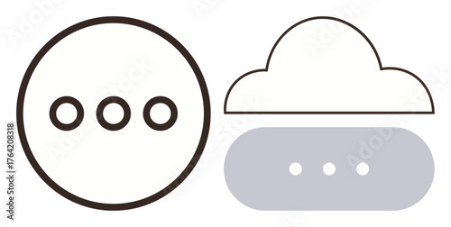 Three dots inside a circle and a cloud outline with ellipsis below. Ideal for technology, progress, communication, cloud storage, data transfer, minimalism, user interface designs. Clean flat