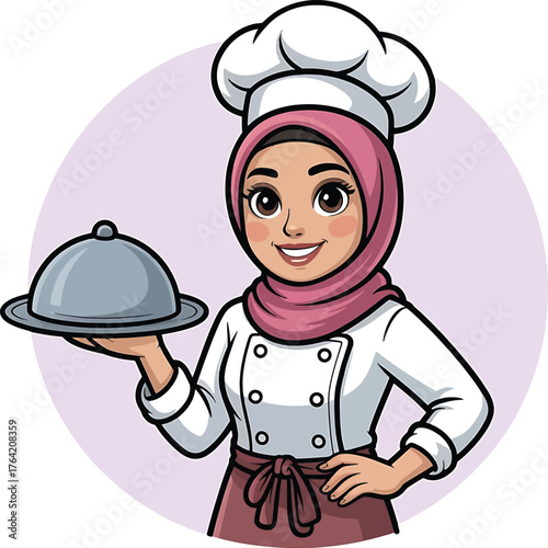 Muslim female chef wearing hijab holding a serving dish cartoon illustration cook woman