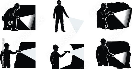 Construction worker with flashlight, safety inspection, night work, tunnel exploration, industrial maintenance, worker silhouette, mining safety, job site lighting, professional labor, workplace   