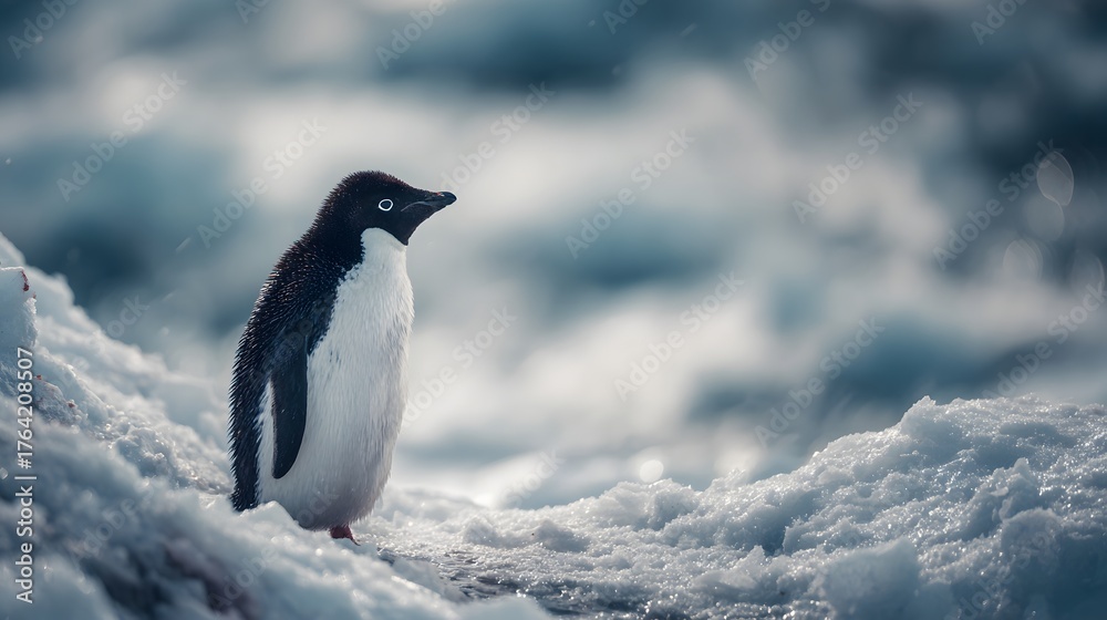 Fototapeta premium Juvenile bird stands upright surrounded by cold icy landscape
