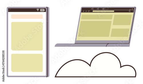 Smartphone, laptop with browser windows, and cloud indicating digital technology, data sync, internet use, and cloud services. Ideal for IT, cloud storage, networking online work remote access