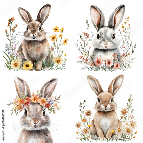 watercolor rabbit illustration, cute bunny with flowers, spring animal art fluffy hare, hand isolated on a transparent background