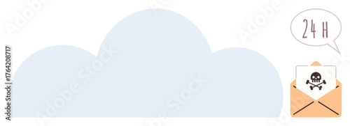 Cloud backdrop with email envelope containing a skull icon and speech bubble showing 24H. Ideal for cybersecurity, data protection, ransom threats, hacking, phishing, warning messages, simple flat