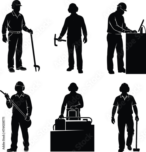 Construction workers using industrial tools, site engineers operating equipment, professional technicians at work, safety gear, building industry, repair, maintenance concept.Construction workers 