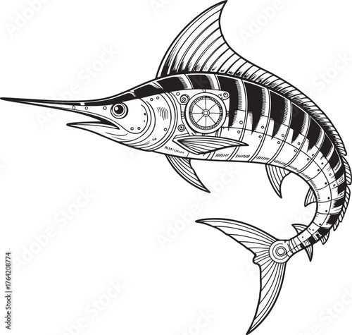 Steampunk marlin fish illustration with gears and clockwork details vector