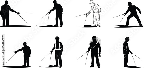 Construction worker measuring ground with tape, surveyor checking level, industrial engineer in safety gear, professional site inspection, civil engineering concept.