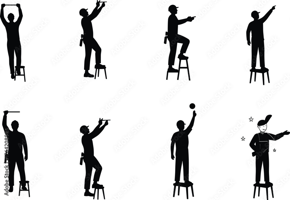 Naklejka premium Construction worker standing on stool using tools, fixing ceiling, pointing direction, measuring height, handyman maintenance, professional builder at work.