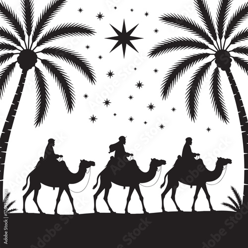 Three Wise Men Silhouettes Riding Camels Under Palm Trees and Starry Night Sky desert