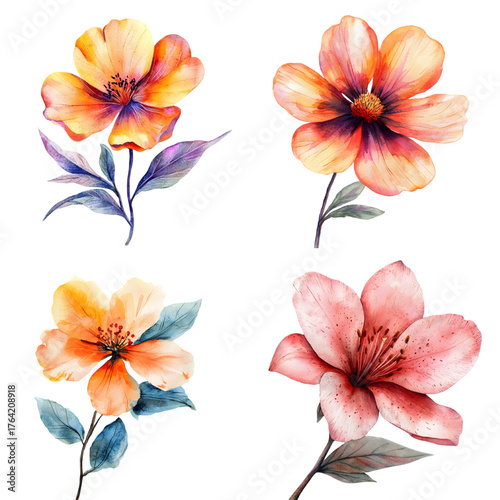 Watercolor separate individual flower isolated on a transparent background