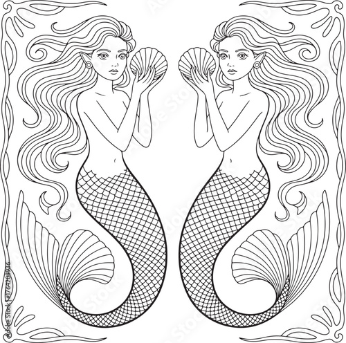 Mermaids Holding Seashells in Oceanic Illustration