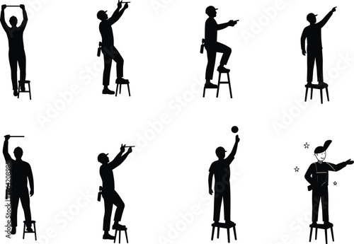 Construction worker standing on stool using tools, fixing ceiling, pointing direction, measuring height, handyman maintenance, professional builder at work.