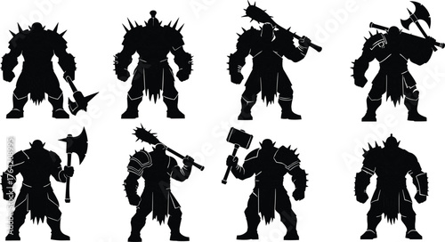 Armored warrior silhouettes with fantasy weapons, medieval combat fighters, battle stance illustration, strong muscular characters, cad drawing flat vector illustration