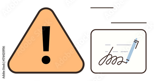 Orange triangular warning sign with exclamation mark beside a pen and signed document. Ideal for safety, caution, compliance, document review, signature approval, contracts, legal responsibility