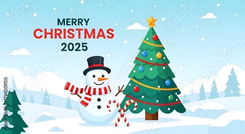 Merry christmas 2025 with a cheerful snowman and decorated pine tree in a snowy winter landscape