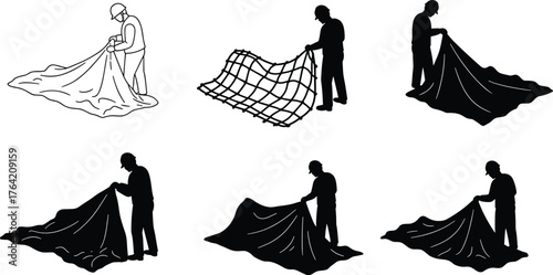 Worker handling construction tarp, covering material, safety net, industrial work, site preparation, protective sheet, silhouette labor, building process, maintenance illustration.