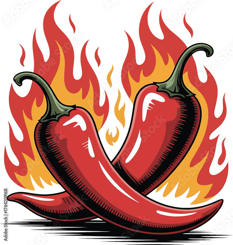 Two red chili peppers with flames behind them on a white background Keywords: chili pepper, red chili, hot pepper, spicy, food, ingredient, vegetable