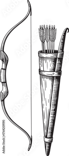 Vintage illustration of a recurve bow and quiver filled with arrows archery weapon