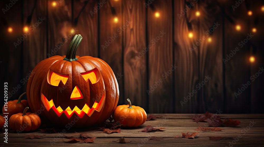 Obraz premium Orange carved pumpkins sit on wood with blurred string lights. Use for Halloween poster, invitation, backdrop.