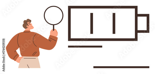 Individual holding magnifying glass inspecting a battery, focusing on power monitoring, energy, technology, efficiency. Ideal for sustainability, analysis, research, conservation renewable energy