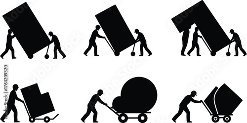 Workers moving heavy boxes and furniture with hand truck and dolly cart, transportation, delivery, logistics, moving service silhouette illustration.