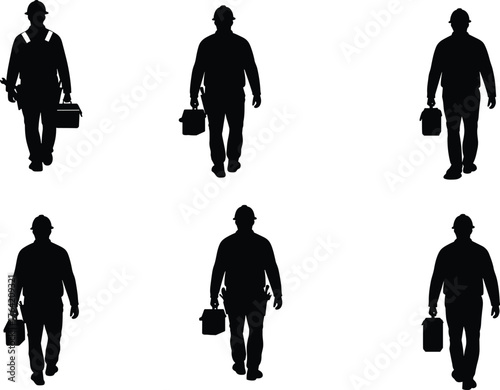 Construction workers walking carrying toolbox and equipment, labor silhouette, industrial jobsite, repair service, engineering, maintenance, teamwork illustration concept.