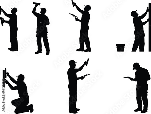 Construction workers plastering wall using trowel and tools, interior finishing, wall repair, renovation, home improvement, construction silhouette illustration.