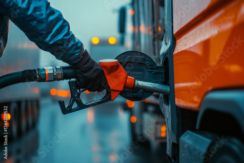 Fuel nozzle refueling large orange truck at dusk with blurred lights in background, showing close up of worker gloved hand holding pump handle