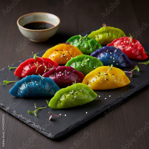 Colorful Asian dumplings on black slate with soy sauce bowl, gourmet food concept
