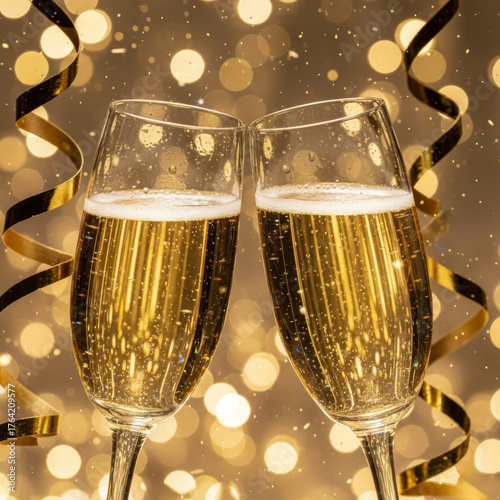 Two champagne glasses clinking with golden ribbons and festive bokeh lights