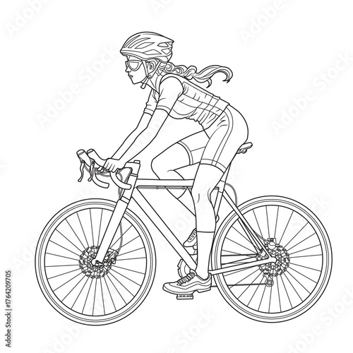 Line art illustration of a woman cyclist riding a bicycle	