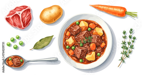 ビーフシチューと食材（肉、野菜、ハーブ）のイラストセット,煮込み料理,洋食,冬,グルメ