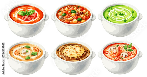 トマト、ミネストローネなど様々なスープのイラストセット,洋食,料理,冬,温かい,グルメ