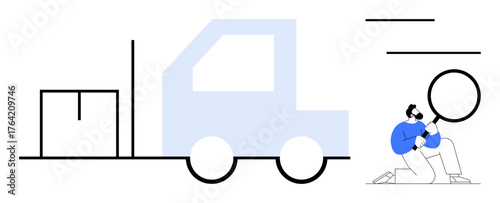 Person kneeling, examining a delivery truck and package with a magnifying glass. Ideal for logistics, supply chain, delivery, quality assurance, inventory management, business analysis audit. Simple