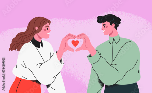 Love couple in romantic relationships. Happy partners forming heart shape with hand gesture, touching and looking at each other. Male and female connection, affection. Flat vector illustration