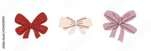 Ribbon bows set. Festive holiday decoration tapes with knot and soft folds. Decorative tie. Gift tying decor, accessory. Elegant ornament. Flat vector illustration isolated on white background