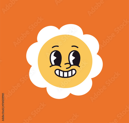 Daisy flower with cute funny face. Kawaii floral character with goofy grin, smiling with teeth, looking aside. Humor emoji, positive expression, happy shy mood, emotion. Flat vector illustration