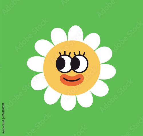 Cute funny daisy flower face. Comic kawaii emoji character with lips and eyes makeup, smiling and looking aside. Quirky expression, whimsical emotion, happy joyful mood. Flat vector illustration