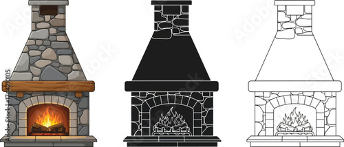 Cozy fireplace with burning fire in color, silhouette, and outline style