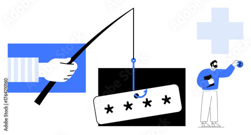 Hand fishing password from a hook, man analyzing threat on tech device, blue cross sign. Ideal for cybersecurity, phishing awareness, online security, identity protection, tech risk, cybercrime