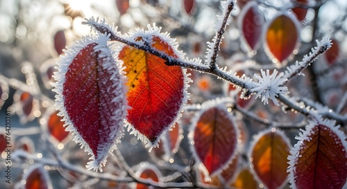 Frosty red leaves glisten in the winter sun, a beautiful display of natures artistry as the cold embraces the vibrant colors of autumn