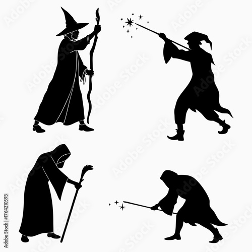 Vector art of silhouette set of wizards with wands and staffs
